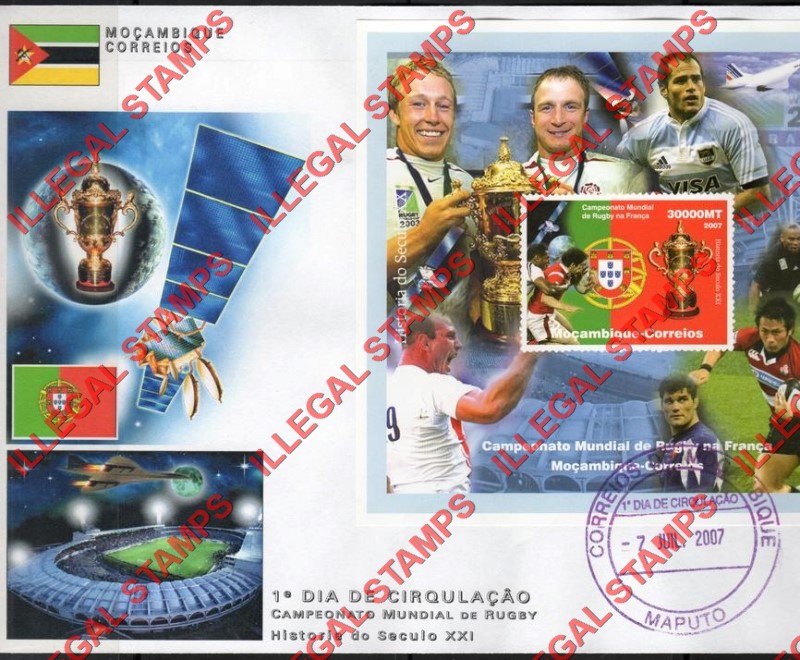 Mozambique 2007 Rugby World Cup Portugal Counterfeit Illegal Stamp Souvenir Sheet of 1 on Fake First Day Cover Mozambique 2007 Rugby World Cup Portugal Counterfeit Illegal Stamp Souvenir Sheet of 1 on Fake First Day Cover