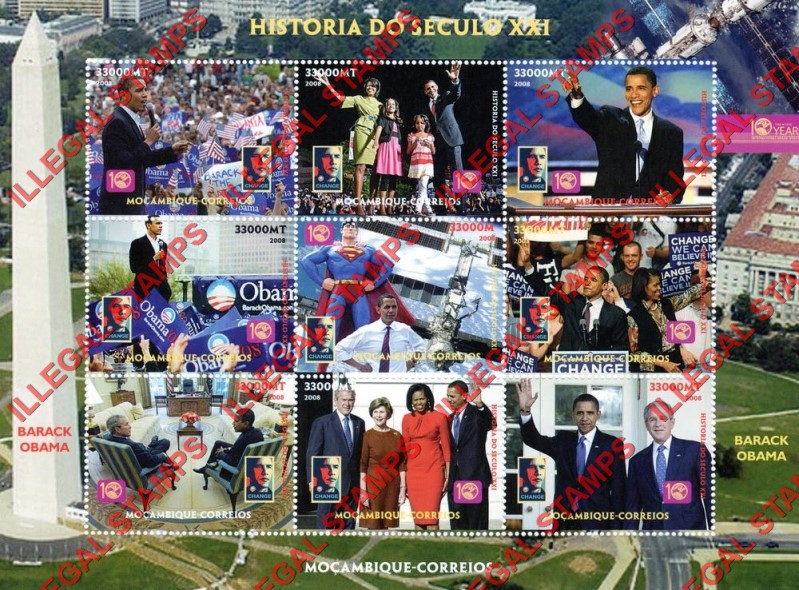Mozambique 2008 Barack Obama Counterfeit Illegal Stamp Souvenir Sheet of 9 Mozambique 2008 Barack Obama Counterfeit Illegal Stamp Souvenir Sheet of 9