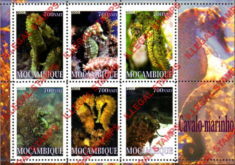 Mozambique 2008 Seahorses Counterfeit Illegal Stamp Souvenir Sheet of 6 Mozambique 2008 Seahorses Counterfeit Illegal Stamp Souvenir Sheet of 6