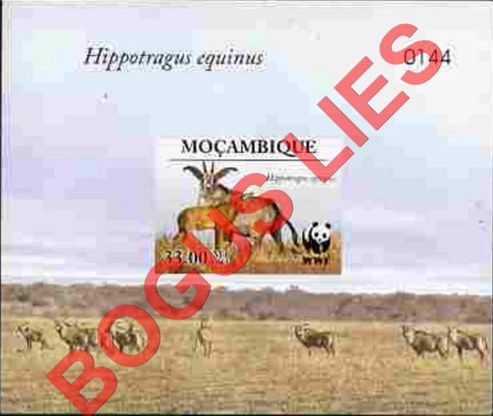 Mozambique 2009 WWF Roan Antelope Deluxe Stamp Souvenir Sheet of 1 with Bogus Limited Number Mozambique 2009 WWF Roan Antelope Deluxe Stamp Souvenir Sheet of 1 with Bogus Limited Number