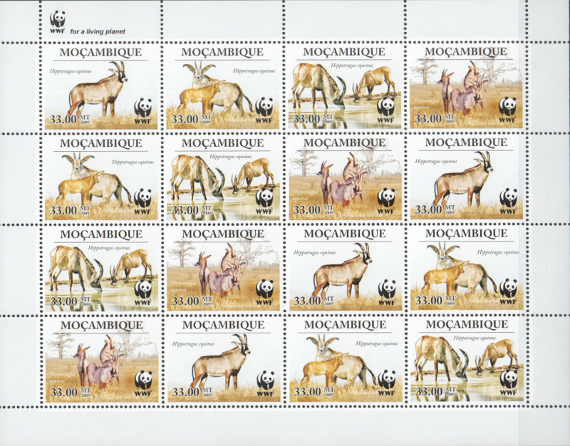 Mozambique 2009 WWF Roan Antelope Genuine Stamp Souvenir Sheet of 16 Mozambique 2009 WWF Roan Antelope Genuine Stamp Souvenir Sheet of 16