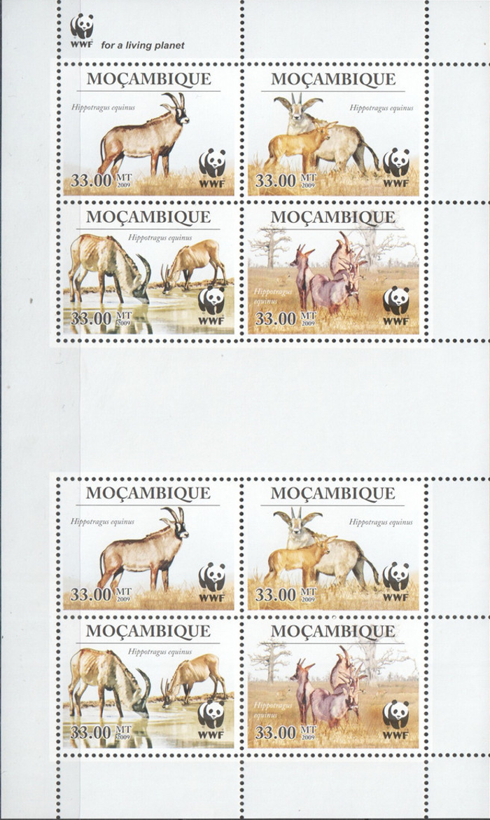 Mozambique 2009 WWF Roan Antelope Genuine Stamp Souvenir Sheet of 8 Mozambique 2009 WWF Roan Antelope Genuine Stamp Souvenir Sheet of 8