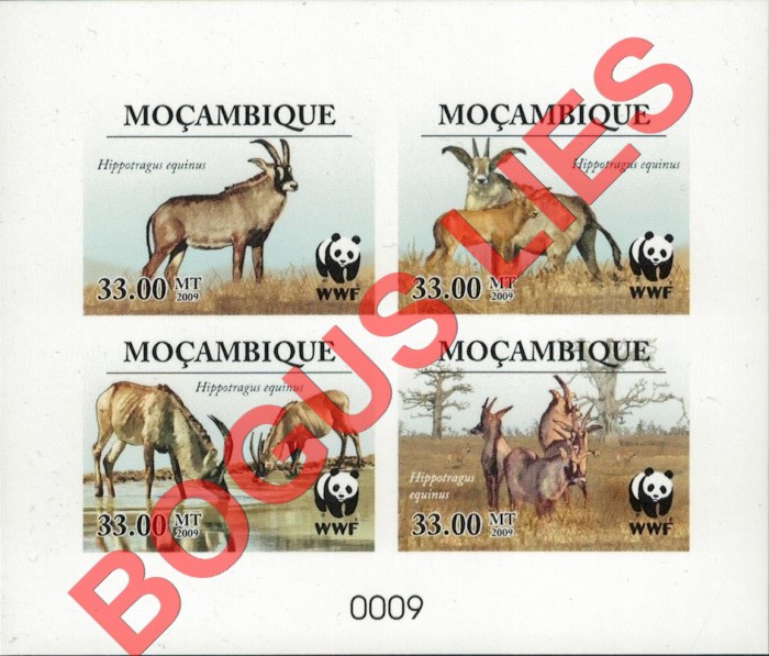 Mozambique 2009 WWF Roan Antelope Genuine Stamp Souvenir Sheet of 4 with Bogus Limited Number Mozambique 2009 WWF Roan Antelope Genuine Stamp Souvenir Sheet of 4 with Bogus Limited Number