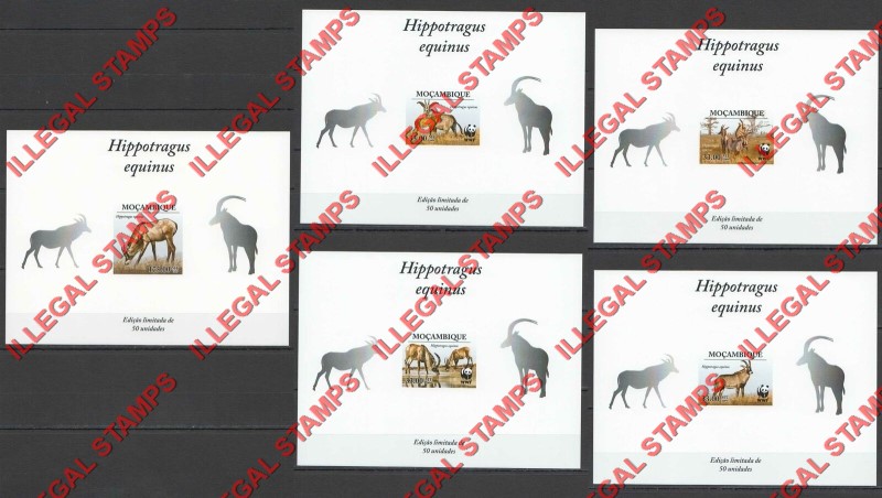 Mozambique 2009 WWF Roan Antelope Illegal Deluxe Stamp Souvenir UV Cardboard Sheets of 1 Imperforate Silver Mozambique 2009 WWF Roan Antelope Illegal Deluxe Stamp Souvenir UV Cardboard Sheets of 1 Imperforate Silver