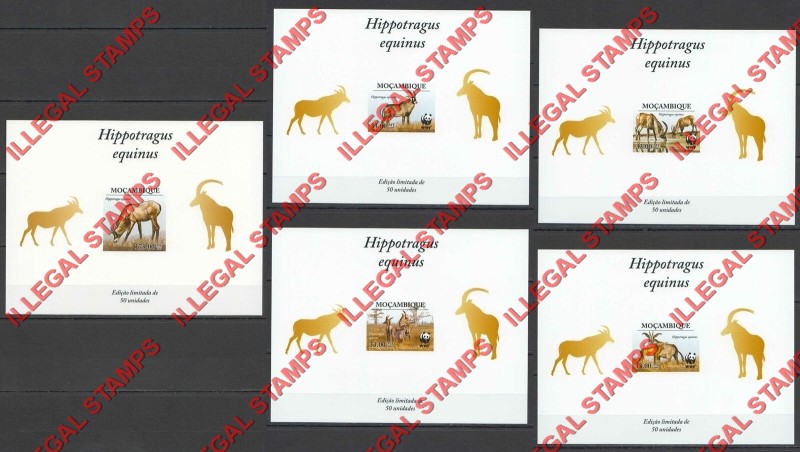 Mozambique 2009 WWF Roan Antelope Illegal Deluxe Stamp Souvenir UV Cardboard Sheets of 1 Imperforate Gold Mozambique 2009 WWF Roan Antelope Illegal Deluxe Stamp Souvenir UV Cardboard Sheets of 1 Imperforate Gold