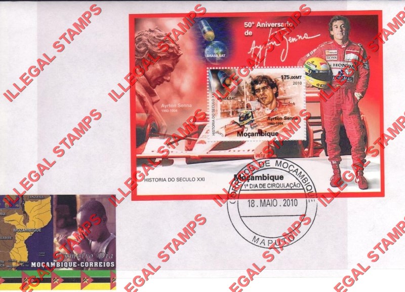 Mozambique 2010 Formula I Ayrton Senna Counterfeit Illegal Stamp Souvenir Sheet of 1 on Fake First Day Cover Mozambique 2010 Formula I Ayrton Senna Counterfeit Illegal Stamp Souvenir Sheet of 1 on Fake First Day Cover