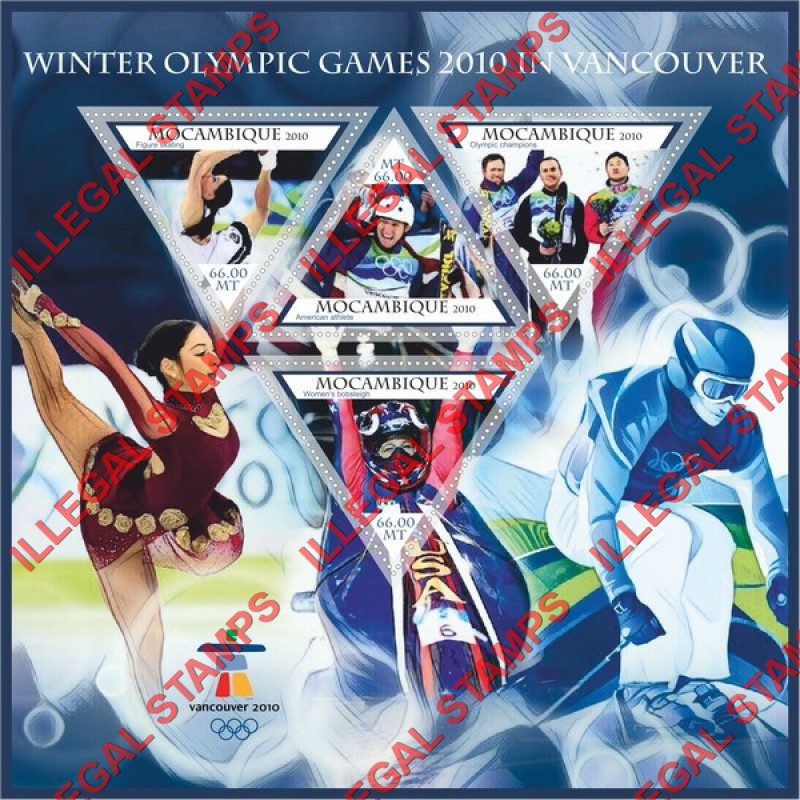 Mozambique 2010 Olympic Games in Vancouver Counterfeit Illegal Stamp Souvenir Sheet of 4 Mozambique 2010 Olympic Games in Vancouver Counterfeit Illegal Stamp Souvenir Sheet of 4