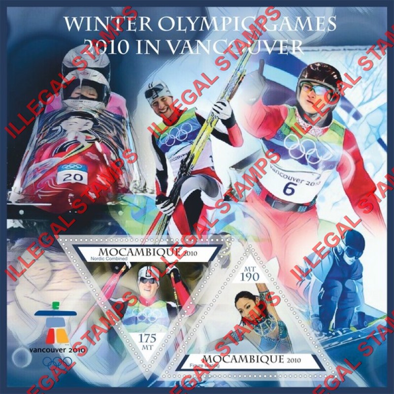 Mozambique 2010 Olympic Games in Vancouver Counterfeit Illegal Stamp Souvenir Sheet of 2 Mozambique 2010 Olympic Games in Vancouver Counterfeit Illegal Stamp Souvenir Sheet of 2