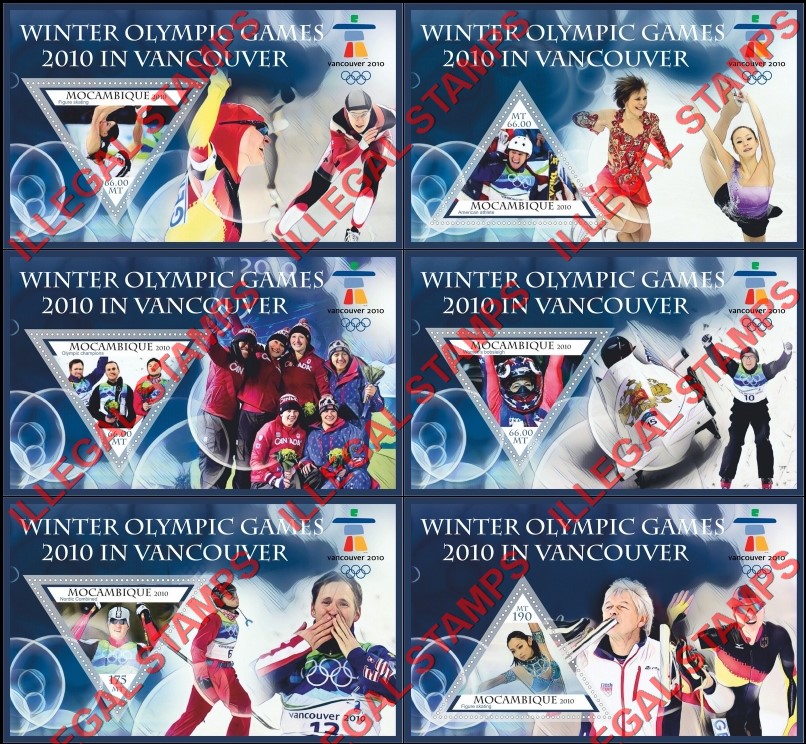 Mozambique 2010 Olympic Games in Vancouver Counterfeit Illegal Stamp Souvenir Sheets of 1 Mozambique 2010 Olympic Games in Vancouver Counterfeit Illegal Stamp Souvenir Sheets of 1