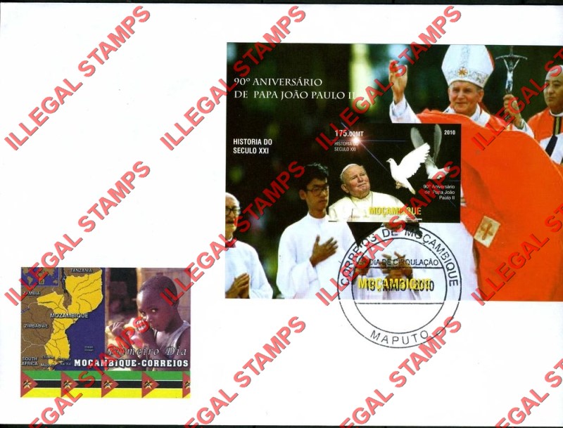Mozambique 2010 Pope John Paul II Counterfeit Illegal Stamp Souvenir Sheet of 1 (Sheet 3) on Fake First Day Cover Mozambique 2010 Pope John Paul II Counterfeit Illegal Stamp Souvenir Sheet of 1 (Sheet 3) on Fake First Day Cover