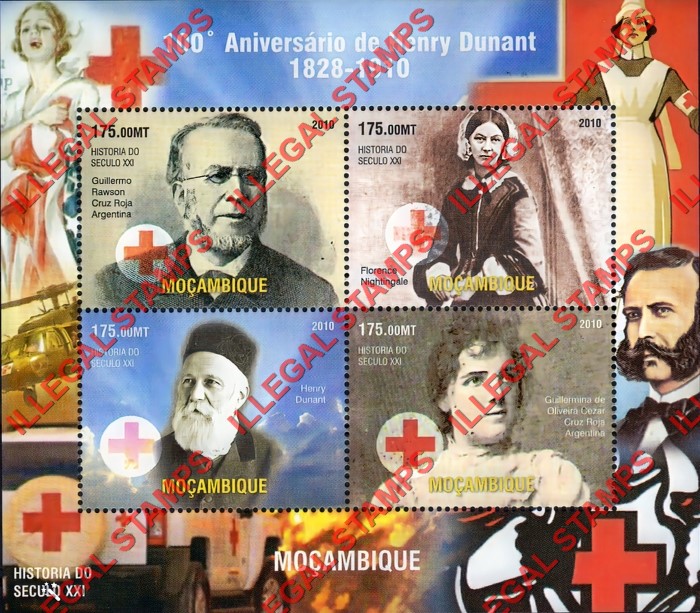 Mozambique 2010 Red Cross Henry Dunant Counterfeit Illegal Stamp Souvenir Sheet of 4 Mozambique 2010 Red Cross Henry Dunant Counterfeit Illegal Stamp Souvenir Sheet of 4