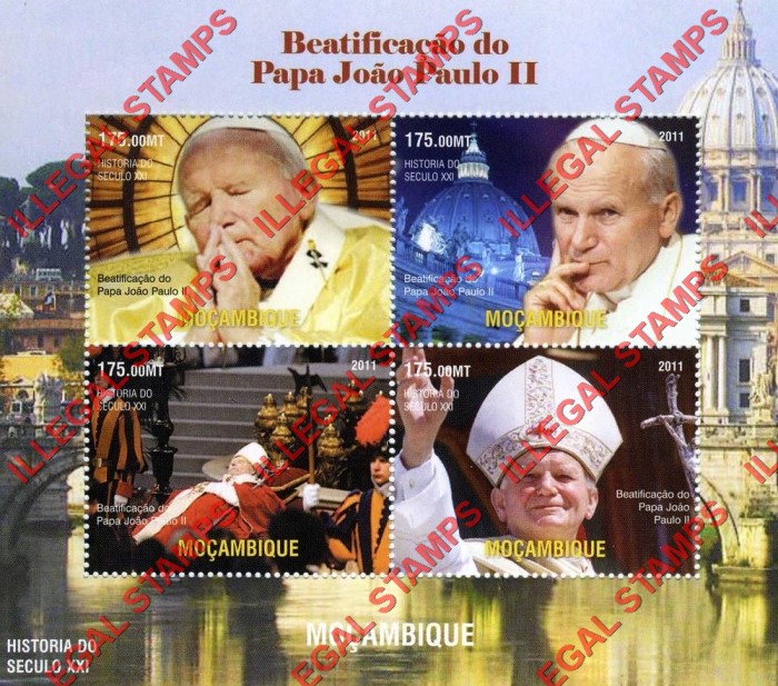 Mozambique 2011 Pope John Paul II Beautification Counterfeit Illegal Stamp Souvenir Sheet of 4 Mozambique 2011 Pope John Paul II Beautification Counterfeit Illegal Stamp Souvenir Sheet of 4