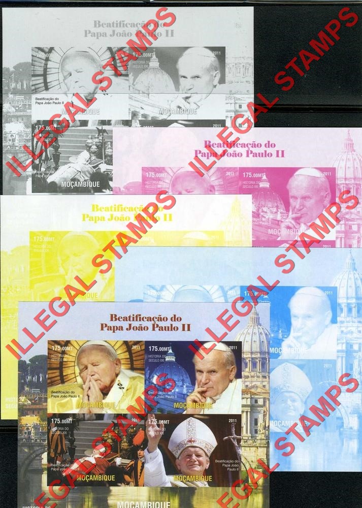 Mozambique 2011 Pope John Paul II Beautification Counterfeit Illegal Stamp Souvenir Sheet of 4 Color Proof Set Mozambique 2011 Pope John Paul II Beautification Counterfeit Illegal Stamp Souvenir Sheet of 4 Color Proof Set