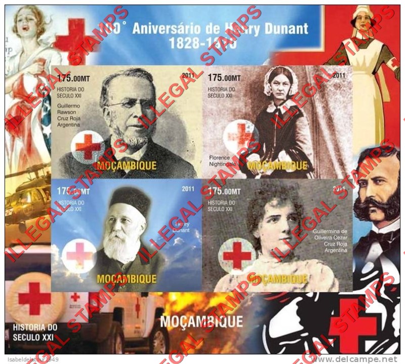Mozambique 2011 Red Cross Henry Dunant Counterfeit Illegal Stamp Souvenir Sheet of 4 Mozambique 2011 Red Cross Henry Dunant Counterfeit Illegal Stamp Souvenir Sheet of 4