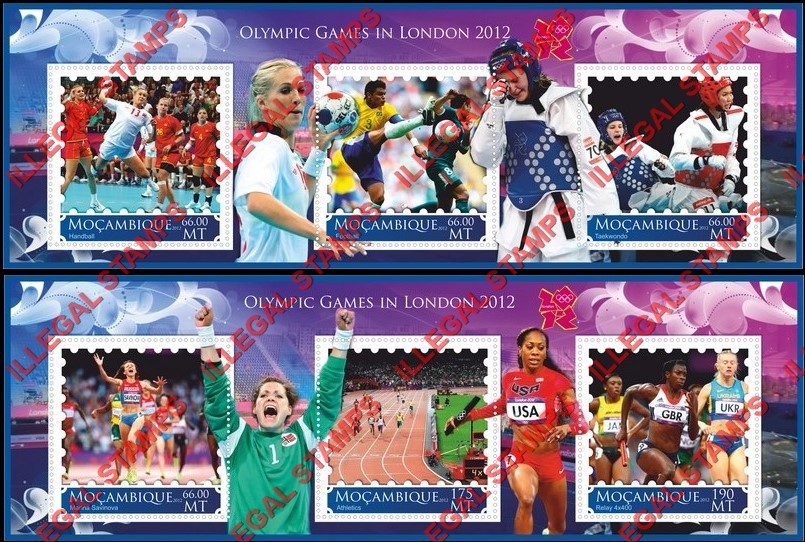 Mozambique 2012 Olympic Games in London (different) Counterfeit Illegal Stamp Souvenir Sheets of 3 Mozambique 2012 Olympic Games in London (different) Counterfeit Illegal Stamp Souvenir Sheets of 3
