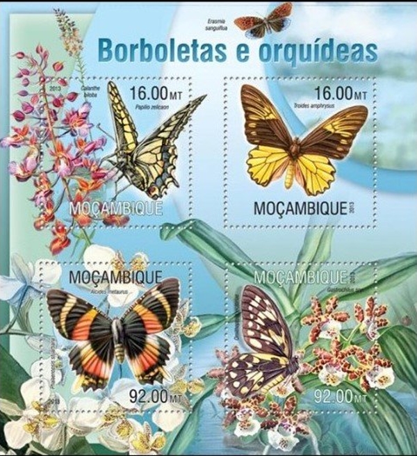 Mozambique 2013 Butterflies and Orchids Authorized Stamp Souvenir Sheet of 4 Mozambique 2013 Butterflies and Orchids Authorized Stamp Souvenir Sheet of 4