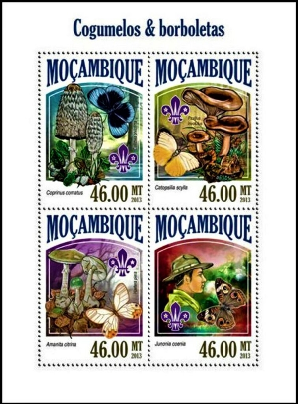 Mozambique 2013 Scouting Mushrooms and Butterflies Authorized Stamp Souvenir Sheet of 4 Mozambique 2013 Scouting Mushrooms and Butterflies Authorized Stamp Souvenir Sheet of 4