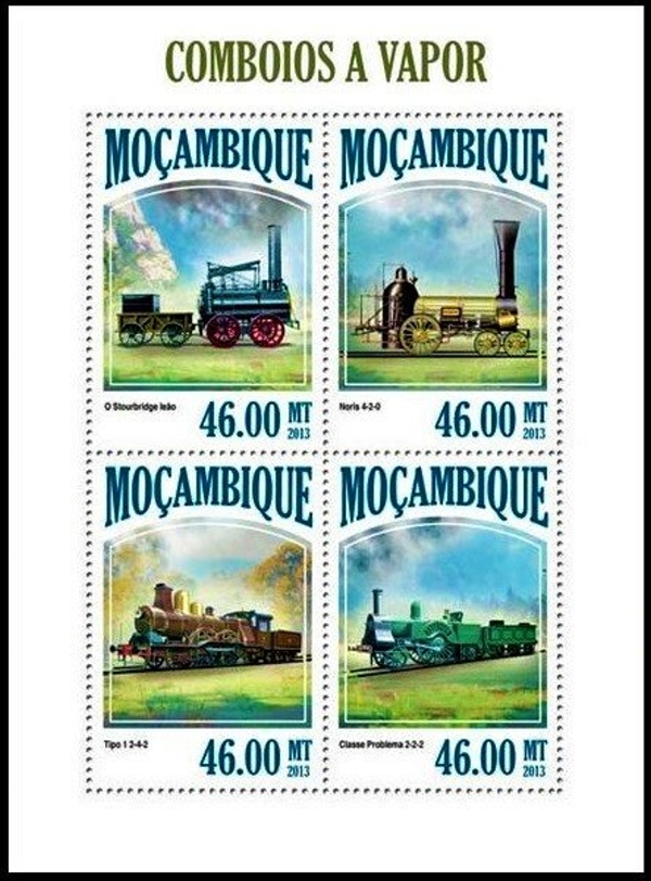 Mozambique 2013 Trains Steam Trains (different) Authorized Stamp Souvenir Sheet of 4 Mozambique 2013 Trains Steam Trains (different) Authorized Stamp Souvenir Sheet of 4