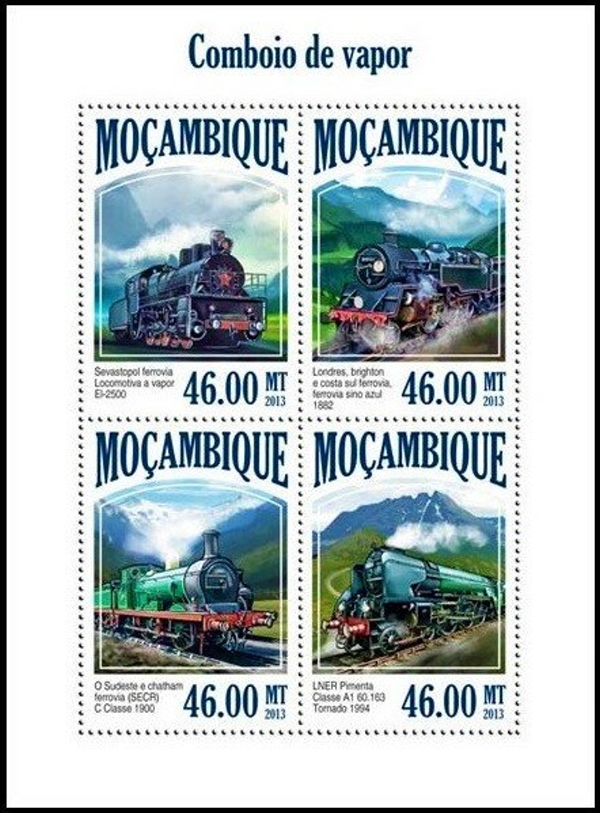 Mozambique 2013 Trains Steam Trains Authorized Stamp Souvenir Sheet of 4 Mozambique 2013 Trains Steam Trains Authorized Stamp Souvenir Sheet of 4