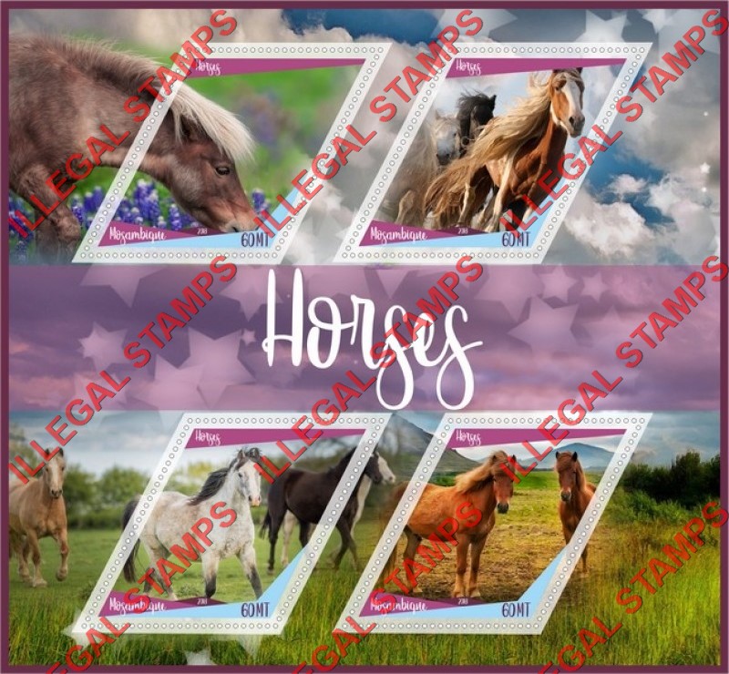 Mozambique 2013 Horses Counterfeit Illegal Stamp Souvenir Sheet of 4 Mozambique 2013 Horses Counterfeit Illegal Stamp Souvenir Sheet of 4