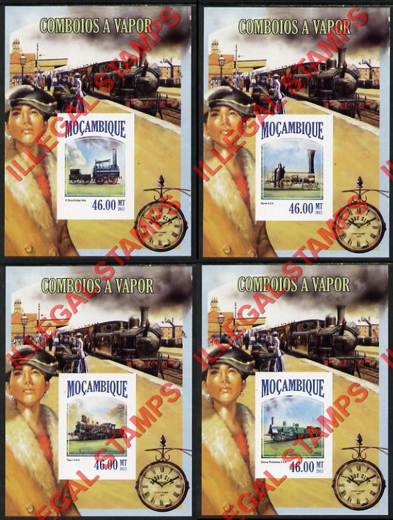 Mozambique 2013 Trains Steam Trains (different) Counterfeit Illegal Stamp Souvenir Sheets of 1 Mozambique 2013 Trains Steam Trains (different) Counterfeit Illegal Stamp Souvenir Sheets of 1
