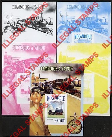Mozambique 2013 Trains Steam Trains (different) Counterfeit Illegal Stamp Souvenir Sheet of 1 Color Proof Set Mozambique 2013 Trains Steam Trains (different) Counterfeit Illegal Stamp Souvenir Sheet of 1 Color Proof Set