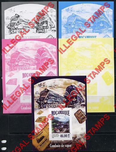 Mozambique 2013 Trains Steam Trains Counterfeit Illegal Stamp Souvenir Sheet of 1 Color Proof Set Mozambique 2013 Trains Steam Trains Counterfeit Illegal Stamp Souvenir Sheet of 1 Color Proof Set