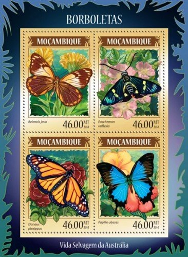 Mozambique 2014 Butterflies Australia Authorized Stamp Souvenir Sheet of 4 Mozambique 2014 Butterflies Australia Authorized Stamp Souvenir Sheet of 4