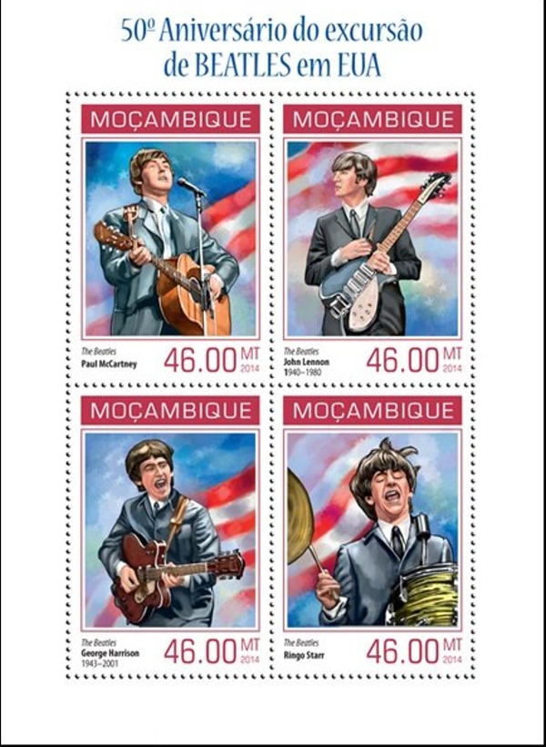 Mozambique 2014 The Beatles USA Tour Authorized Stamp Souvenir Sheet of 4 Mozambique 2014 The Beatles USA Tour Authorized Stamp Souvenir Sheet of 4