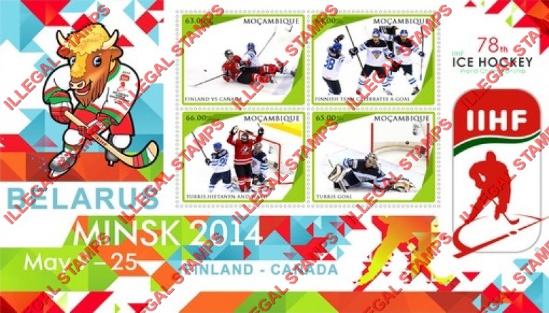 Mozambique 2014 Ice Hockey World Championship Counterfeit Illegal Stamp Souvenir Sheet of 4 Mozambique 2014 Ice Hockey World Championship Counterfeit Illegal Stamp Souvenir Sheet of 4