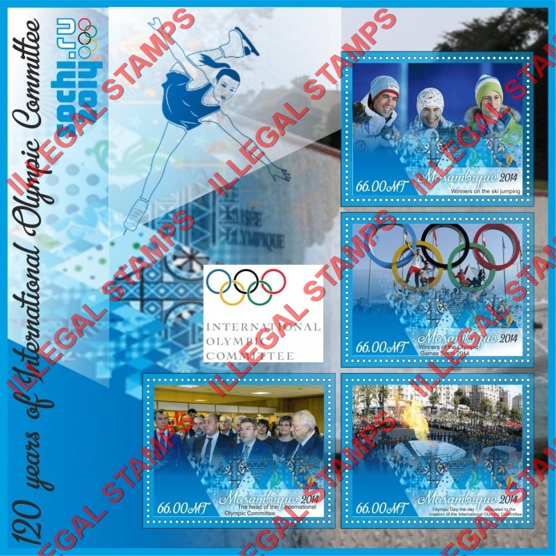 Mozambique 2014 Olympic Games in Sochi Olympic Committee Counterfeit Illegal Stamp Souvenir Sheet of 4 Mozambique 2014 Olympic Games in Sochi Olympic Committee Counterfeit Illegal Stamp Souvenir Sheet of 4
