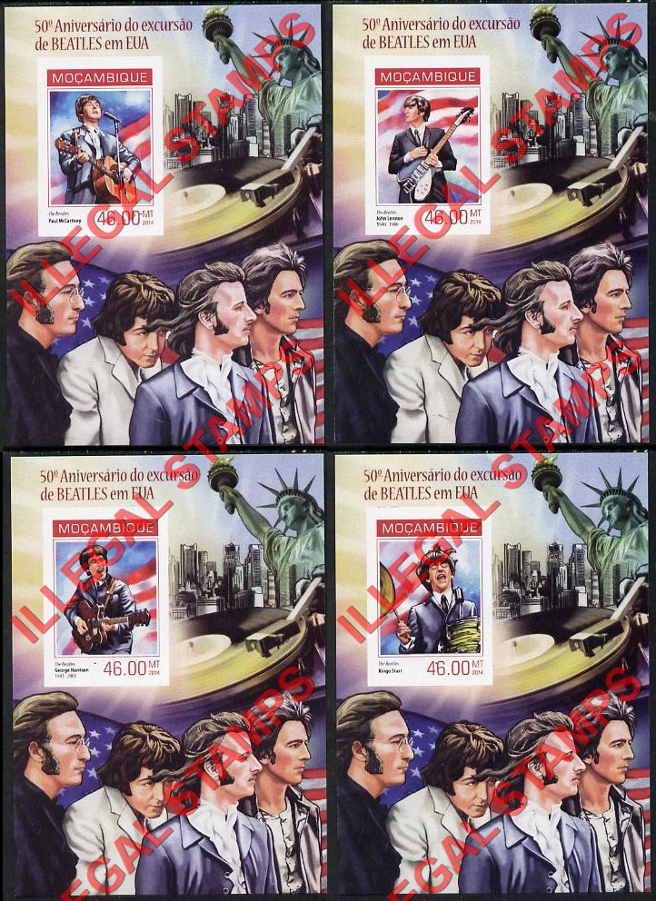 Mozambique 2014 The Beatles USA Tour Counterfeit Illegal Stamp Souvenir Sheets of 1 Mozambique 2014 The Beatles USA Tour Counterfeit Illegal Stamp Souvenir Sheets of 1
