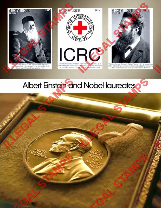 Mozambique 2015 Albert Einstein and Nobel Laureates Counterfeit Illegal Stamp Souvenir Sheet of 3 Mozambique 2015 Albert Einstein and Nobel Laureates Counterfeit Illegal Stamp Souvenir Sheet of 3