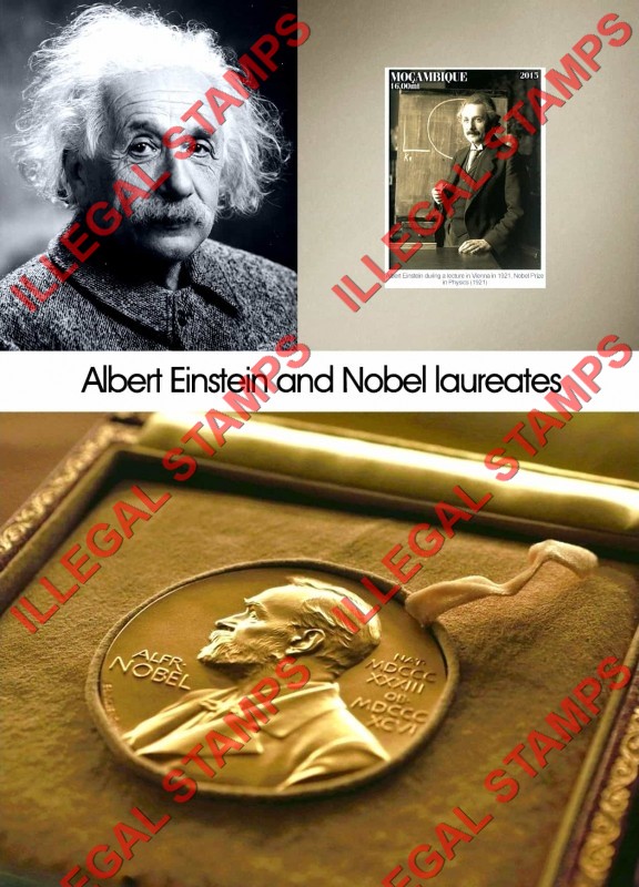 Mozambique 2015 Albert Einstein and Nobel Laureates Counterfeit Illegal Stamp Souvenir Sheet of 1 Mozambique 2015 Albert Einstein and Nobel Laureates Counterfeit Illegal Stamp Souvenir Sheet of 1