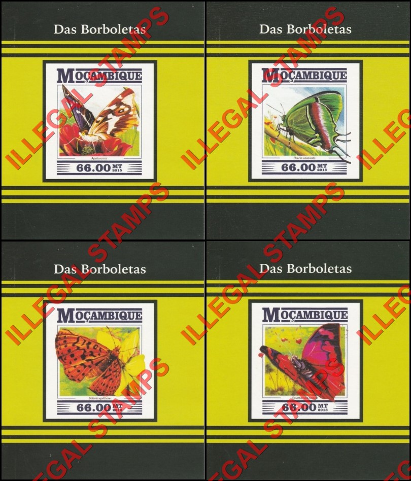 Mozambique 2015 Butterflies (different) Counterfeit Illegal Stamp Souvenir Sheets of 1 Mozambique 2015 Butterflies (different) Counterfeit Illegal Stamp Souvenir Sheets of 1