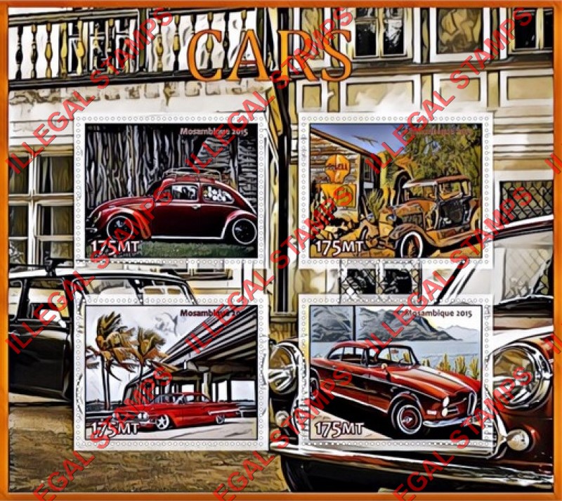 Mozambique 2015 Cars (different) Counterfeit Illegal Stamp Souvenir Sheet of 4 Mozambique 2015 Cars (different) Counterfeit Illegal Stamp Souvenir Sheet of 4