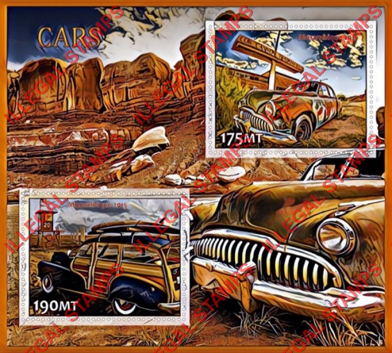 Mozambique 2015 Cars (different) Counterfeit Illegal Stamp Souvenir Sheet of 2 Mozambique 2015 Cars (different) Counterfeit Illegal Stamp Souvenir Sheet of 2