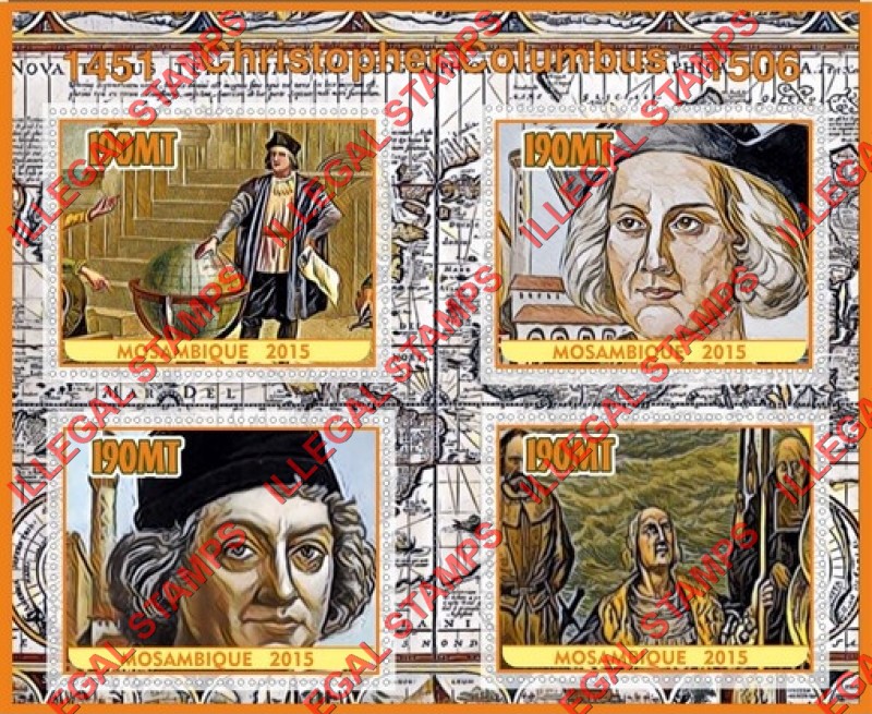 Mozambique 2015 Christopher Columbus Counterfeit Illegal Stamp Souvenir Sheet of 4 Mozambique 2015 Christopher Columbus Counterfeit Illegal Stamp Souvenir Sheet of 4