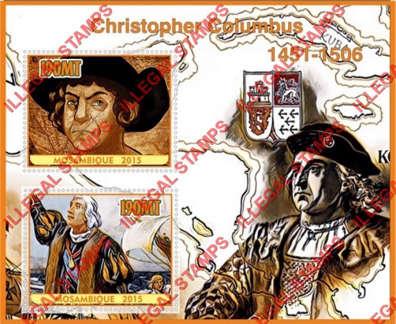 Mozambique 2015 Christopher Columbus Counterfeit Illegal Stamp Souvenir Sheet of 2 Mozambique 2015 Christopher Columbus Counterfeit Illegal Stamp Souvenir Sheet of 2