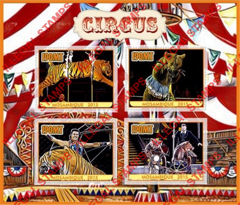 Mozambique 2015 Circus Counterfeit Illegal Stamp Souvenir Sheet of 4 Mozambique 2015 Circus Counterfeit Illegal Stamp Souvenir Sheet of 4