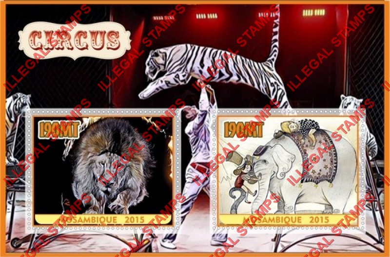 Mozambique 2015 Circus Counterfeit Illegal Stamp Souvenir Sheet of 2 Mozambique 2015 Circus Counterfeit Illegal Stamp Souvenir Sheet of 2