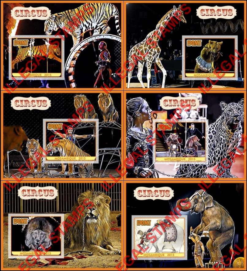 Mozambique 2015 Circus Counterfeit Illegal Stamp Souvenir Sheets of 1 Mozambique 2015 Circus Counterfeit Illegal Stamp Souvenir Sheets of 1