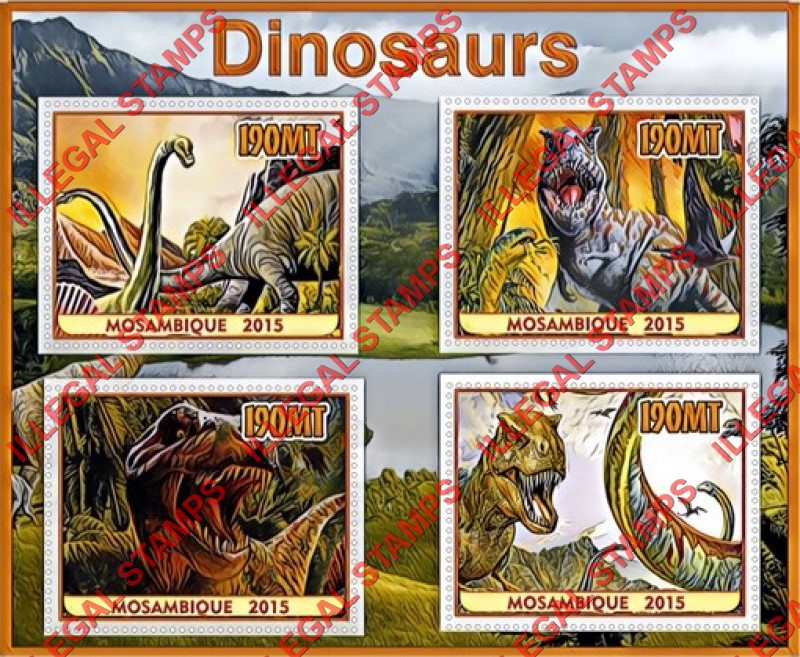 Mozambique 2015 Dinosaurs (different) Counterfeit Illegal Stamp Souvenir Sheet of 4 Mozambique 2015 Dinosaurs (different) Counterfeit Illegal Stamp Souvenir Sheet of 4