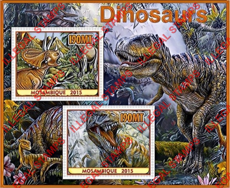 Mozambique 2015 Dinosaurs (different) Counterfeit Illegal Stamp Souvenir Sheet of 2 Mozambique 2015 Dinosaurs (different) Counterfeit Illegal Stamp Souvenir Sheet of 2