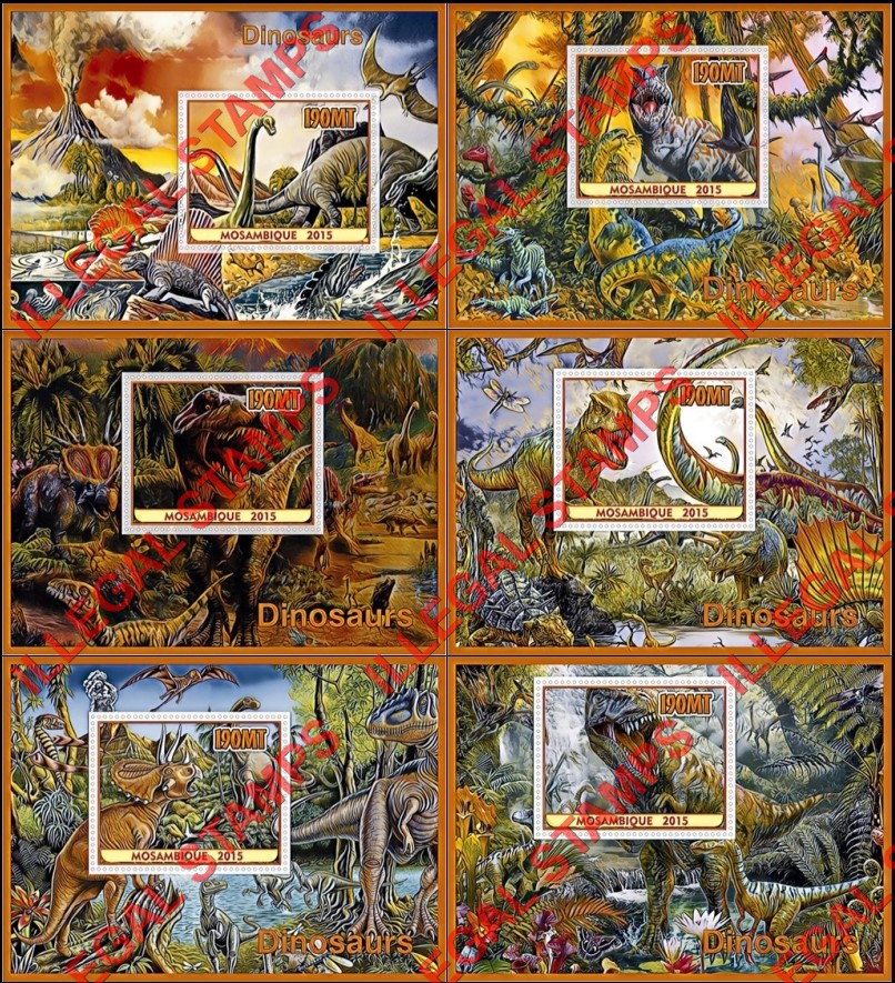 Mozambique 2015 Dinosaurs (different) Counterfeit Illegal Stamp Souvenir Sheets of 1 Mozambique 2015 Dinosaurs (different) Counterfeit Illegal Stamp Souvenir Sheets of 1