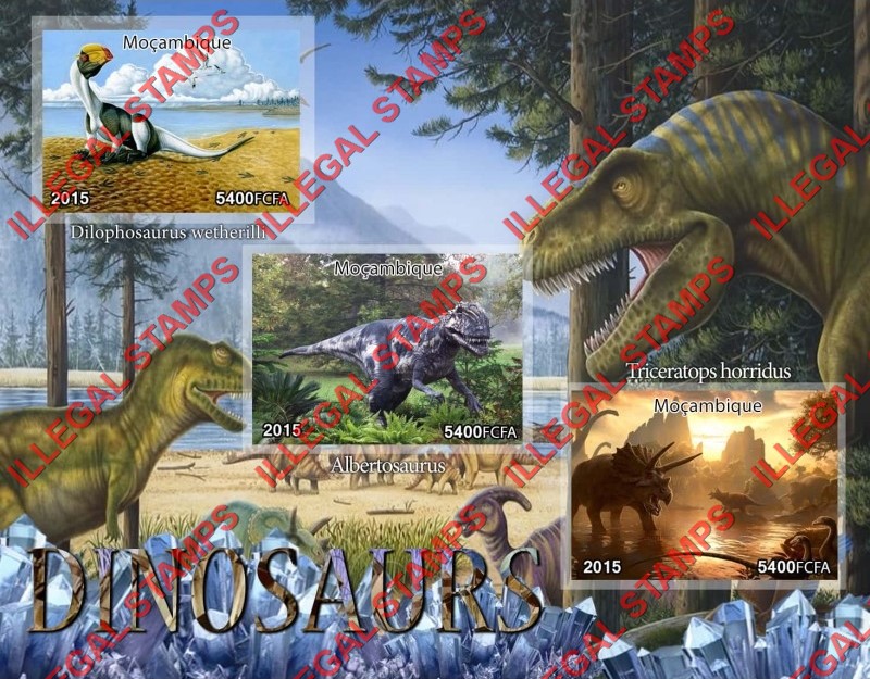 Mozambique 2015 Dinosaurs Counterfeit Illegal Stamp Souvenir Sheet of 3 Mozambique 2015 Dinosaurs Counterfeit Illegal Stamp Souvenir Sheet of 3