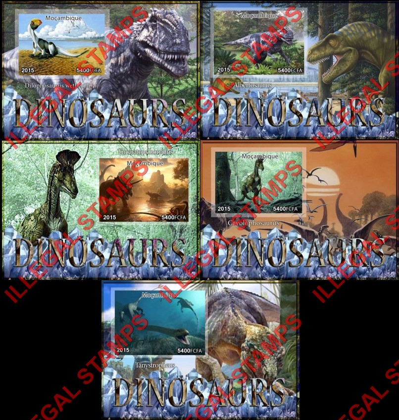 Mozambique 2015 Dinosaurs Counterfeit Illegal Stamp Souvenir Sheets of 1 Mozambique 2015 Dinosaurs Counterfeit Illegal Stamp Souvenir Sheets of 1