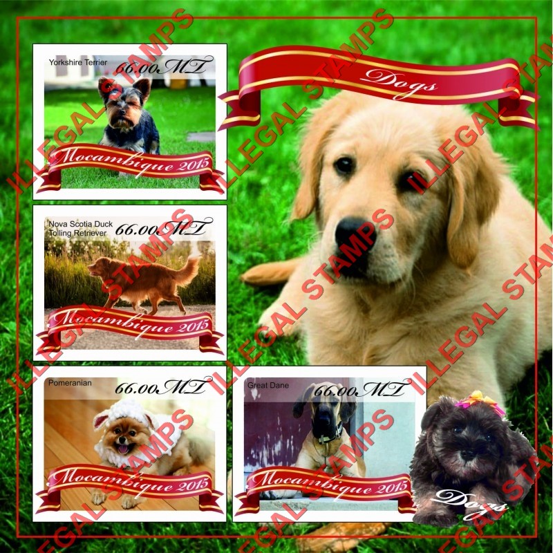 Mozambique 2015 Dogs Counterfeit Illegal Stamp Souvenir Sheet of 4 Mozambique 2015 Dogs Counterfeit Illegal Stamp Souvenir Sheet of 4