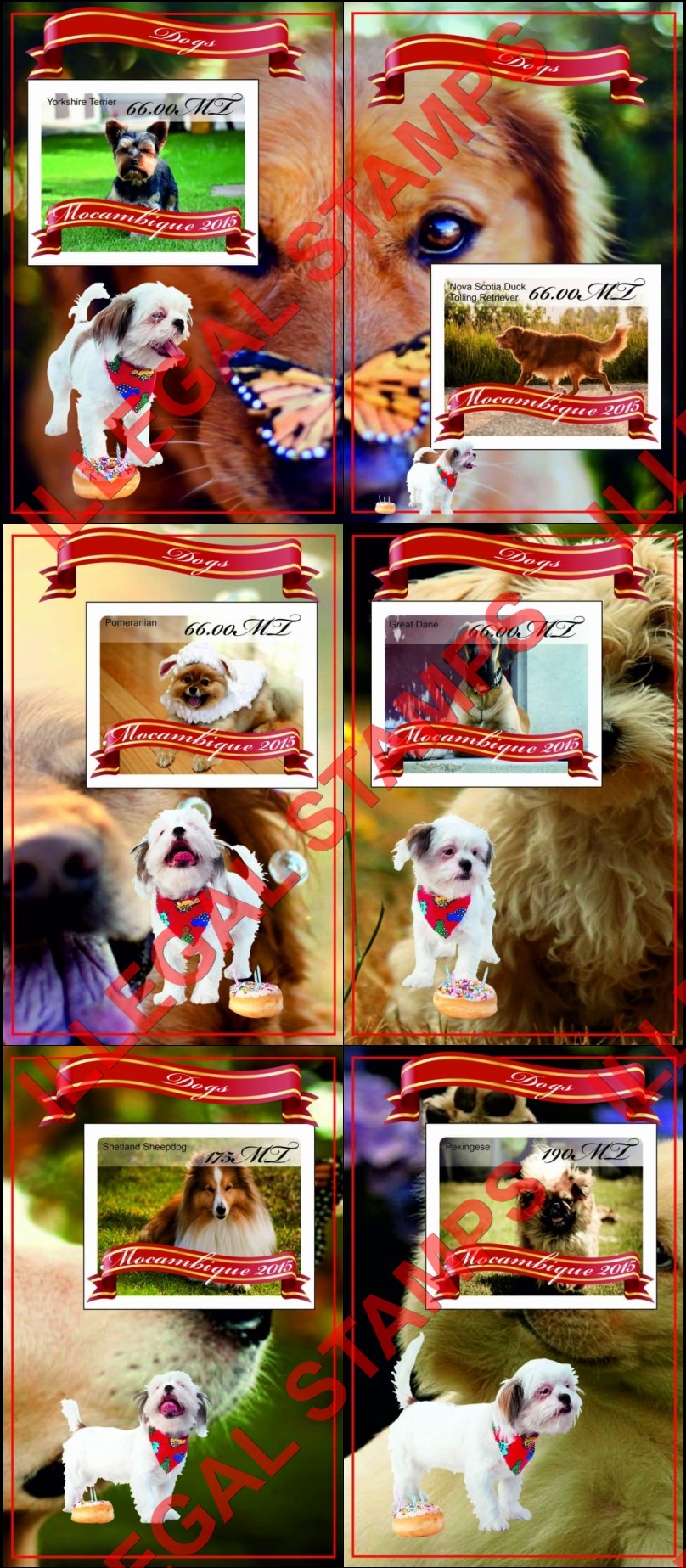 Mozambique 2015 Dogs Counterfeit Illegal Stamp Souvenir Sheets of 1 Mozambique 2015 Dogs Counterfeit Illegal Stamp Souvenir Sheets of 1
