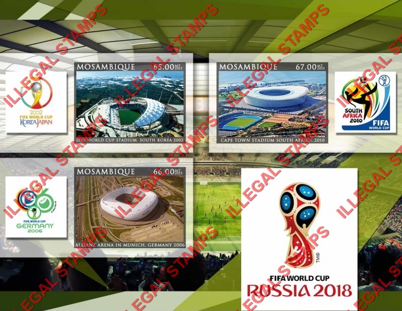 Mozambique 2015 FIFA World Cup Soccer in 2018 Stadiums Counterfeit Illegal Stamp Souvenir Sheet of 3 Mozambique 2015 FIFA World Cup Soccer in 2018 Stadiums Counterfeit Illegal Stamp Souvenir Sheet of 3
